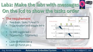 https://www.facebook.com/groups/embedded.system.KS/
Follow us
Press
here
#LEARN_IN DEPTH
#Be_professional_in
embedded_system
45
• The requirement
• Two Basic Tasks T1 And T2
• T1 (autosatart)will toggle led 0
• T2 Will toggle led 1
• T1(priority) > T2(priority)
• Led0 @ PortA bin 4
• Led1 @ PortA pin 5
Led0
Led1
 