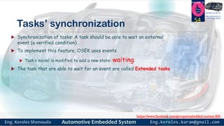 https://www.facebook.com/groups/embedded.system.KS/
Follow us
Press
here
#LEARN_IN DEPTH
#Be_professional_in
embedded_system
Tasks’ synchronization
 Synchronization of tasks: A task should be able to wait an external
event (a verified condition).
 To implement this feature, OSEK uses events.
 Task’s model is modified to add a new state: waiting.
 The task that are able to wait for an event are called Extended tasks
54
 