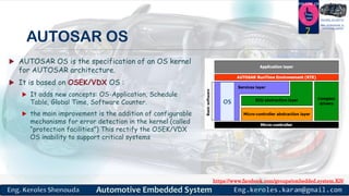 https://www.facebook.com/groups/embedded.system.KS/
Follow us
Press
here
#LEARN_IN DEPTH
#Be_professional_in
embedded_system
AUTOSAR OS
 AUTOSAR OS is the specification of an OS kernel
for AUTOSAR architecture.
 It is based on OSEK/VDX OS :
 It adds new concepts: OS-Application, Schedule
Table, Global Time, Software Counter.
 the main improvement is the addition of configurable
mechanisms for error detection in the kernel (called
“protection facilities”) This rectify the OSEK/VDX
OS inability to support critical systems
7
 