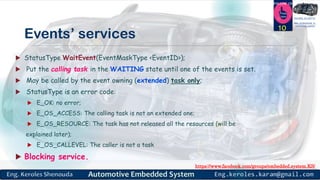 https://www.facebook.com/groups/embedded.system.KS/
Follow us
Press
here
#LEARN_IN DEPTH
#Be_professional_in
embedded_system
Events’ services
 StatusType WaitEvent(EventMaskType <EventID>);
 Put the calling task in the WAITING state until one of the events is set.
 May be called by the event owning (extended) task only;
 StatusType is an error code:
 E_OK: no error;
 E_OS_ACCESS: The calling task is not an extended one;
 E_OS_RESOURCE: The task has not released all the resources (will be
explained later);
 E_OS_CALLEVEL: The caller is not a task
 Blocking service.
10
 