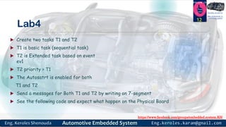 https://www.facebook.com/groups/embedded.system.KS/
Follow us
Press
here
#LEARN_IN DEPTH
#Be_professional_in
embedded_system
Lab4
12
 Create two tasks T1 and T2
 T1 is basic task (sequential task)
 T2 is Extended task based on event
ev1
 T2 priority > T1
 The Autosatrt is enabled for both
T1 and T2
 Send a messages for Both T1 and T2 by writing on 7-segment
 See the following code and expect what happen on the Physical Board
 