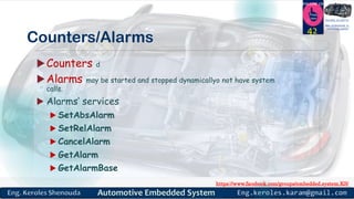 https://www.facebook.com/groups/embedded.system.KS/
Follow us
Press
here
#LEARN_IN DEPTH
#Be_professional_in
embedded_system
Counters/Alarms
Counters d
Alarms may be started and stopped dynamicallyo not have system
calls.
 Alarms’ services
 SetAbsAlarm
 SetRelAlarm
 CancelAlarm
 GetAlarm
 GetAlarmBase
42
 