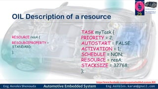 https://www.facebook.com/groups/embedded.system.KS/
Follow us
Press
here
#LEARN_IN DEPTH
#Be_professional_in
embedded_system
OIL Description of a resource
RESOURCE resA {
RESOURCEPROPERTY =
STANDARD;
};
79
TASK myTask {
PRIORITY = 2;
AUTOSTART = FALSE;
ACTIVATION = 1;
SCHEDULE = NON;
RESOURCE = resA;
STACKSIZE = 32768;
};
 