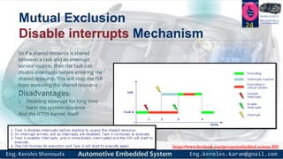 https://www.facebook.com/groups/embedded.system.KS/
Follow us
Press
here
#LEARN_IN DEPTH
#Be_professional_in
embedded_system
Mutual Exclusion
Disable interrupts Mechanism
24
So if a shared resource is shared
between a task and an interrupt
service routine, then the task can
disable interrupts before entering the
shared resource. This will stop the ISR
from accessing the shared resource
Disadvantages:
1. Disabling interrupt for long time
harm the system response
And the RTOS Kernel Itself
 