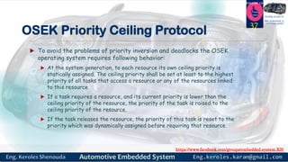 https://www.facebook.com/groups/embedded.system.KS/
Follow us
Press
here
#LEARN_IN DEPTH
#Be_professional_in
embedded_system
OSEK Priority Ceiling Protocol
 To avoid the problems of priority inversion and deadlocks the OSEK
operating system requires following behavior:
 At the system generation, to each resource its own ceiling priority is
statically assigned. The ceiling priority shall be set at least to the highest
priority of all tasks that access a resource or any of the resources linked
to this resource
 If a task requires a resource, and its current priority is lower than the
ceiling priority of the resource, the priority of the task is raised to the
ceiling priority of the resource.
 If the task releases the resource, the priority of this task is reset to the
priority which was dynamically assigned before requiring that resource.
37
 