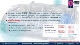https://www.facebook.com/groups/embedded.system.KS/
Follow us
Press
here
#LEARN_IN DEPTH
#Be_professional_in
embedded_system
 In order to allow OSEK-OS to be used in a variety of systems with
different capacities and demands (for example memory, processing
capacity, etc.) is that OSEK-OS defines 4 classes of compliance (CC).
 Conformance classes are determined according to the following
attributes:
 Multiple activation of basic tasks
 Types of tasks accepted: basic and extended
 Number of tasks by priority
4
 