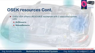 https://www.facebook.com/groups/embedded.system.KS/
Follow us
Press
here
#LEARN_IN DEPTH
#Be_professional_in
embedded_system
OSEK resources Cont.
 OSEK/VDX offers a RESOURCE mechanism with 2 associated system
calls:
 GetResource
 ReleaseResource
42
 