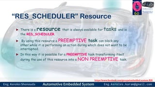 https://www.facebook.com/groups/embedded.system.KS/
Follow us
Press
here
#LEARN_IN DEPTH
#Be_professional_in
embedded_system
“RES_SCHEDULER” Resource
 There is a resource that is always available for tasks and is
the RES_SCHEDULER.
 By using this resource a PREEMPTIVE task can block any
other while it is performing an action during which does not want to be
interrupted.
 In this way it is possible for a PREEMPTIVE task transforming itself
during the use of this resource into a NON PREEMPTIVE task.
60
 