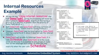 https://www.facebook.com/groups/embedded.system.KS/
Follow us
Press
here
#LEARN_IN DEPTH
#Be_professional_in
embedded_system
Internal Resources
Example
 As you can see "Using internal resources" the
task DemoTask1 during its processing will never be
interrupted by DemoTask3, despite of this having a
priority of 5 and this is greater than the priority of
DemoTask1 which is 1.
 Both DemoTask1 and DemoTask3 will have a priority of
5.5 when running "OSEK Priority Ceiling Protocol").
 However, DemoTask1 may be interrupted by DemoTask2
that has a priority of 3, since it does not use the internal
resource.
 DemoTask3 will be able to interrupt DemoTask1 if it
calls Schedule when DemoTask3 is in the ready
state. In this way it is possible to arm groups of tasks
that do not interrupt each other, or interrupt only
explicitly when the user calls Schedule.
64
 
