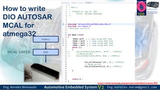 https://www.facebook.com/groups/embedded.system.KS/
Follow us
Press
here
#LEARN_IN DEPTH
#Be_professional_in
embedded_system
How to write
DIO AUTOSAR
MCAL for
atmega32
100
main.c
DIOMCAL LAYER
 