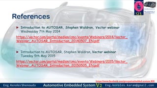 https://www.facebook.com/groups/embedded.system.KS/
Follow us
Press
here
#LEARN_IN DEPTH
#Be_professional_in
embedded_system
References
 Introduction to AUTOSAR, Stephen Waldron, Vector webinar
Wednesday 7th May 2014
https://vector.com/portal/medien/cmc/events/Webinars/2014/Vector_
Webinar_AUTOSAR_Introduction_20140507_EN.pdf
 Introduction to AUTOSAR, Stephen Waldron, Vector webinar
Tuesday 5th May 2015
https://vector.com/portal/medien/cmc/events/Webinars/2015/Vector_
Webinar_AUTOSAR_Introduction_20150505_EN.pdf
123
 