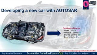 https://www.facebook.com/groups/embedded.system.KS/
Follow us
Press
here
#LEARN_IN DEPTH
#Be_professional_in
embedded_system
Developing a new car with AUTOSAR
17
Functions of the car
Brake control BC
Throttle Control TC
Engine Control EH
Door locking DL
 