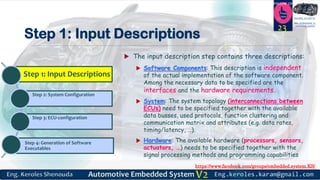 https://www.facebook.com/groups/embedded.system.KS/
Follow us
Press
here
#LEARN_IN DEPTH
#Be_professional_in
embedded_system
Step 1: Input Descriptions
 The input description step contains three descriptions:
 Software Components: This description is independent
of the actual implementation of the software component.
Among the necessary data to be specified are the
interfaces and the hardware requirements.
 System: The system topology (interconnections between
ECUs) need to be specified together with the available
data busses, used protocols, function clustering and
communication matrix and attributes (e.g. data rates,
timing/latency, …).
 Hardware: The available hardware (processors, sensors,
actuators, …) needs to be specified together with the
signal processing methods and programming capabilities
23
Step 1: Input Descriptions
Step 2: System Configuration
Step 3: ECU-configuration
Step 4: Generation of Software
Executables
 