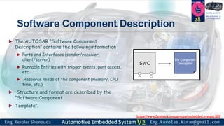 https://www.facebook.com/groups/embedded.system.KS/
Follow us
Press
here
#LEARN_IN DEPTH
#Be_professional_in
embedded_system
Software Component Description
 The AUTOSAR “Software Component
Description” contains the followinginformation
 Ports and Interfaces (sender/receiver,
client/server)
 Runnable Entities with trigger events, port access,
etc
 Resource needs of the component (memory, CPU
time, etc.)
 Structure and format are described by the
“Software Component
 Template”.
28
 
