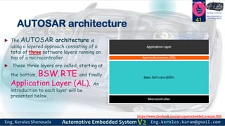 https://www.facebook.com/groups/embedded.system.KS/
Follow us
Press
here
#LEARN_IN DEPTH
#Be_professional_in
embedded_system
AUTOSAR architecture
 The AUTOSAR architecture is
using a layered approach consisting of a
total of three software layers running on
top of a microcontroller.
 These three layers are called, starting at
the bottom, BSW, RTE and finally
Application Layer (AL). An
introduction to each layer will be
presented below.
41
 