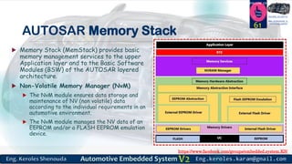 https://www.facebook.com/groups/embedded.system.KS/
Follow us
Press
here
#LEARN_IN DEPTH
#Be_professional_in
embedded_system
AUTOSAR Memory Stack
 Memory Stack (MemStack) provides basic
memory management services to the upper
Application layer and to the Basic Software
Modules (BSW) of the AUTOSAR layered
architecture.
 Non-Volatile Memory Manager (NvM)
 The NvM module ensures data storage and
maintenance of NV (non volatile) data
according to the individual requirements in an
automotive environment.
 The NvM module manages the NV data of an
EEPROM and/or a FLASH EEPROM emulation
device.
61
 