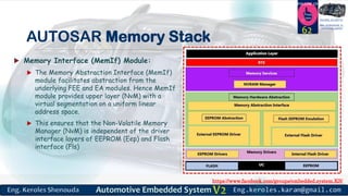 https://www.facebook.com/groups/embedded.system.KS/
Follow us
Press
here
#LEARN_IN DEPTH
#Be_professional_in
embedded_system
AUTOSAR Memory Stack
 Memory Interface (MemIf) Module:
 The Memory Abstraction Interface (MemIf)
module facilitates abstraction from the
underlying FEE and EA modules. Hence MemIf
module provides upper layer (NvM) with a
virtual segmentation on a uniform linear
address space.
 This ensures that the Non-Volatile Memory
Manager (NvM) is independent of the driver
interface layers of EEPROM (Eep) and Flash
interface (Fls)
62
 