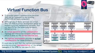 https://www.facebook.com/groups/embedded.system.KS/
Follow us
Press
here
#LEARN_IN DEPTH
#Be_professional_in
embedded_system
Virtual Function Bus
72
 It provides generic communication services
that can be consumed by any existing
AUTOSAR software component.
 Although any of these services are virtual,
they will then in a later development phase be
mapped to actual implemented methods, that
are specific for the underlying hardware
infrastructure.
 In virtual speciation of the communication
topology and interaction between components
which is done via the virtual function bus,
 the runtime environment provides an actual
implementation for these artifacts.
It could also be said that the runtime environment
provides an actual representation of the virtual
concepts of the VFB for one specific ECU.
 