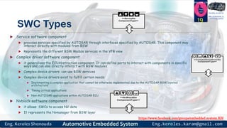 https://www.facebook.com/groups/embedded.system.KS/
Follow us
Press
here
#LEARN_IN DEPTH
#Be_professional_in
embedded_system
SWC Types
 Service software component
 provides services specified by AUTOSAR through interfaces specified by AUTOSAR. This component may
interact directly with modules from BSW
 Represents the different BSW Module services in the VFB view
 Complex driver software component
 it generalizes the ECUAbstraction component. It can define ports to interact with components in specific
ways and can also directly interact with BSW modules
 Complex device drivers can use BSW services
 Complex device drivers exist to fulfill certain needs:
 Implementing a complex application that cannot be otherwise implemented due to the AUTOSAR BSW layered
architecture
 Timing critical applications
 Non-AUTOSAR applications within AUTOSAR ECU
 Nvblock software component
 it allows SWCs to access NV data
 It represents the Nvmanager from BSW layer
19
 