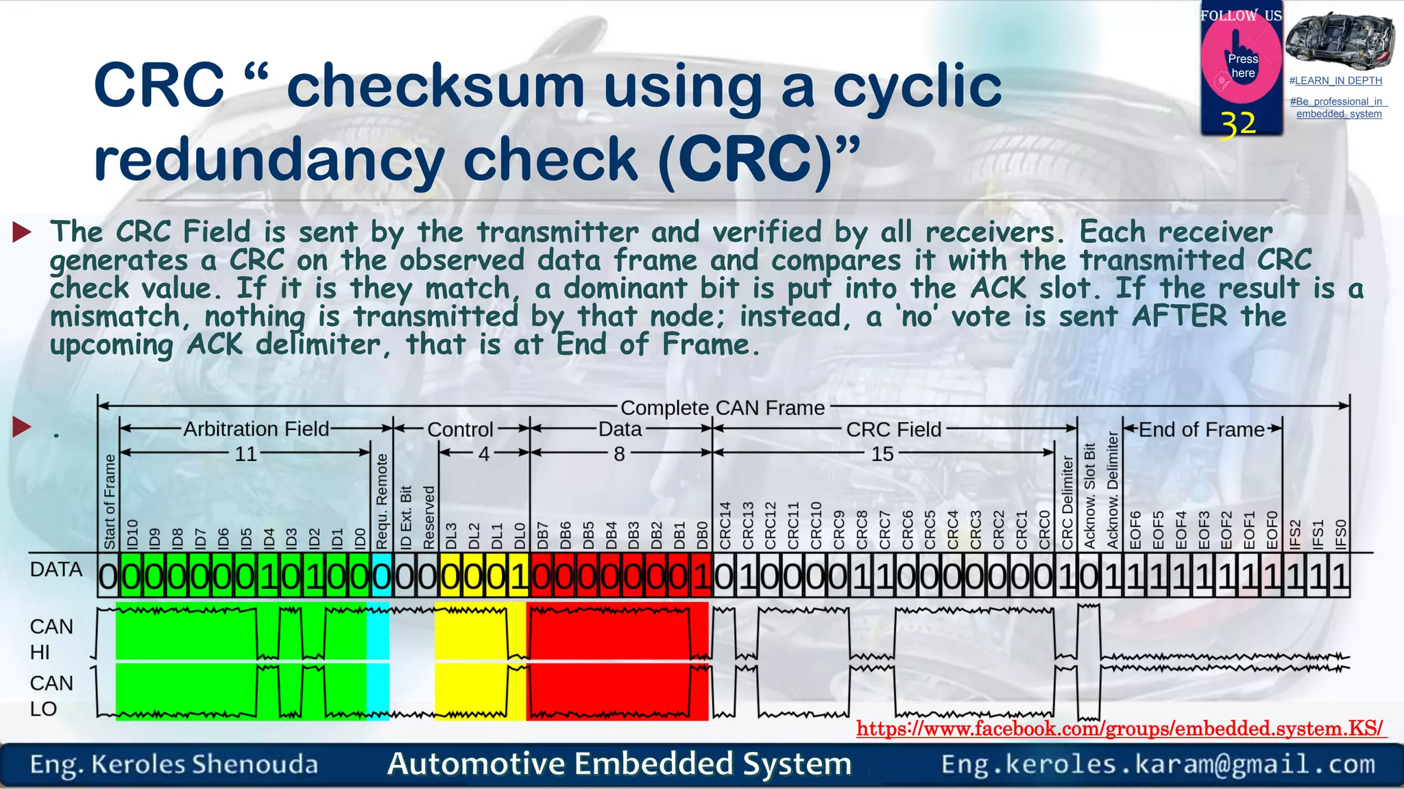 https://www.facebook.com/groups/embedded.system.KS/
Follow us
Press
here
#LEARN_IN DEPTH
#Be_professional_in
embedded_system
CRC “ checksum using a cyclic
redundancy check (CRC)”
 The CRC Field is sent by the transmitter and verified by all receivers. Each receiver
generates a CRC on the observed data frame and compares it with the transmitted CRC
check value. If it is they match, a dominant bit is put into the ACK slot. If the result is a
mismatch, nothing is transmitted by that node; instead, a ‘no’ vote is sent AFTER the
upcoming ACK delimiter, that is at End of Frame.
 .
32
 