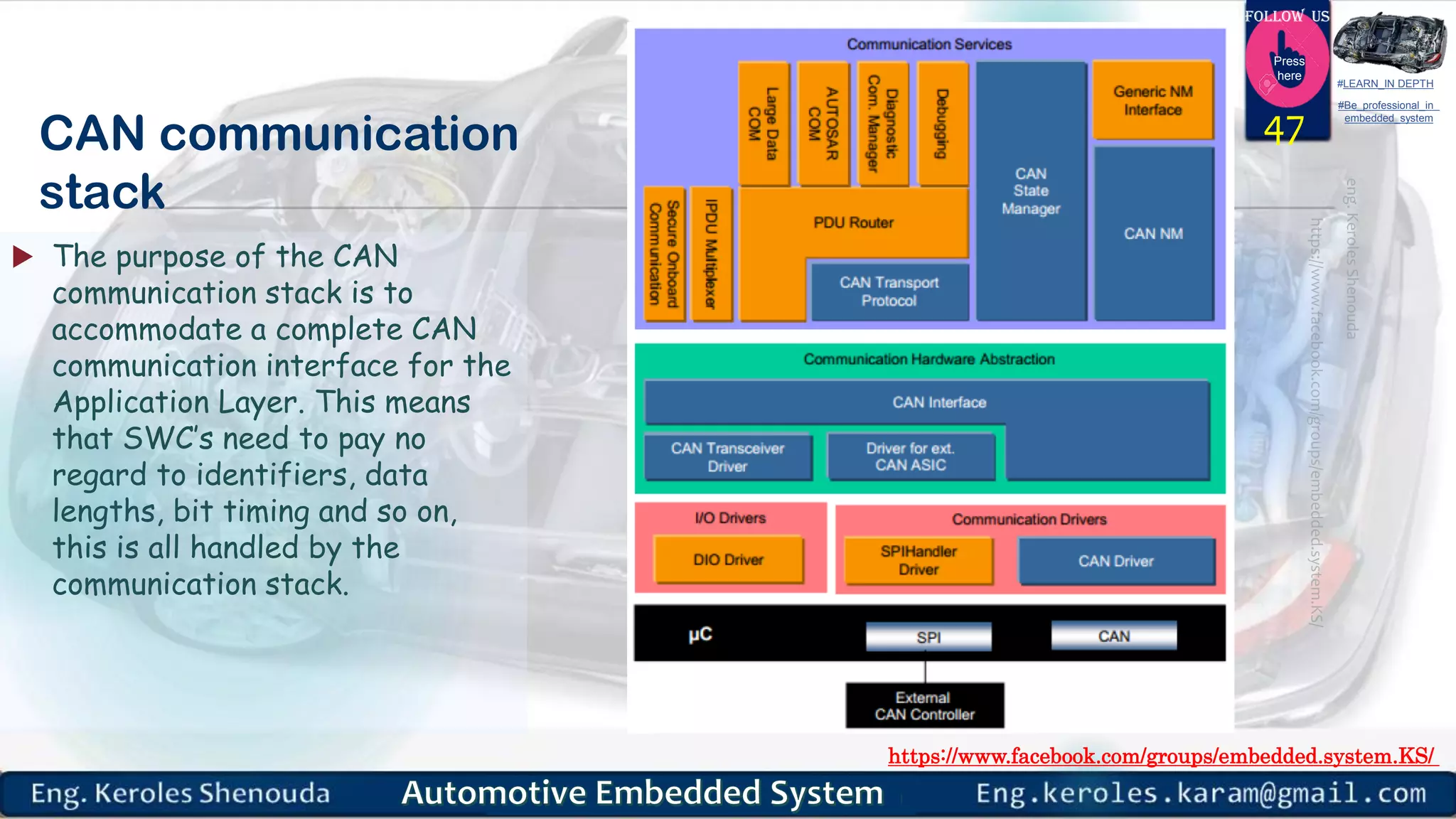https://www.facebook.com/groups/embedded.system.KS/
Follow us
Press
here
#LEARN_IN DEPTH
#Be_professional_in
embedded_system
CAN communication
stack
 The purpose of the CAN
communication stack is to
accommodate a complete CAN
communication interface for the
Application Layer. This means
that SWC’s need to pay no
regard to identifiers, data
lengths, bit timing and so on,
this is all handled by the
communication stack.
47
 