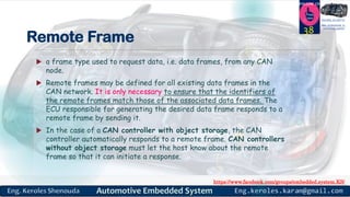 https://www.facebook.com/groups/embedded.system.KS/
Follow us
Press
here
#LEARN_IN DEPTH
#Be_professional_in
embedded_system
Remote Frame
 a frame type used to request data, i.e. data frames, from any CAN
node.
 Remote frames may be defined for all existing data frames in the
CAN network. It is only necessary to ensure that the identifiers of
the remote frames match those of the associated data frames. The
ECU responsible for generating the desired data frame responds to a
remote frame by sending it.
 In the case of a CAN controller with object storage, the CAN
controller automatically responds to a remote frame. CAN controllers
without object storage must let the host know about the remote
frame so that it can initiate a response.
38
 