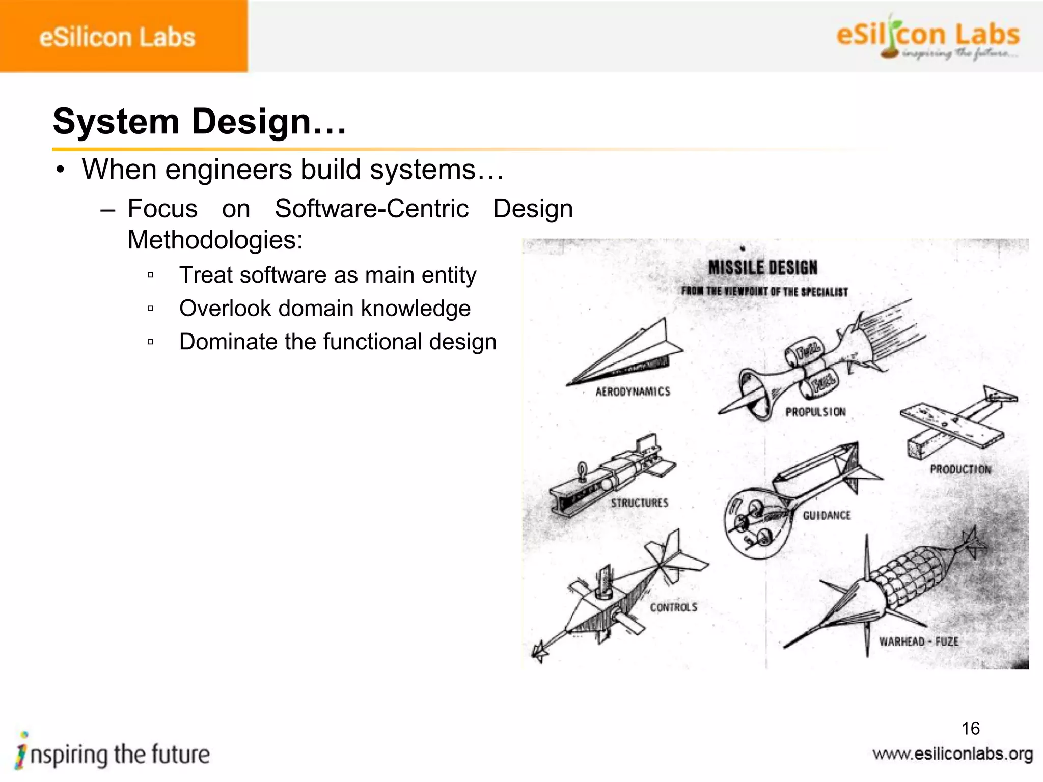 16
System Design…
• When engineers build systems…
– Focus on Software-Centric Design
Methodologies:
▫ Treat software as main entity
▫ Overlook domain knowledge
▫ Dominate the functional design
 