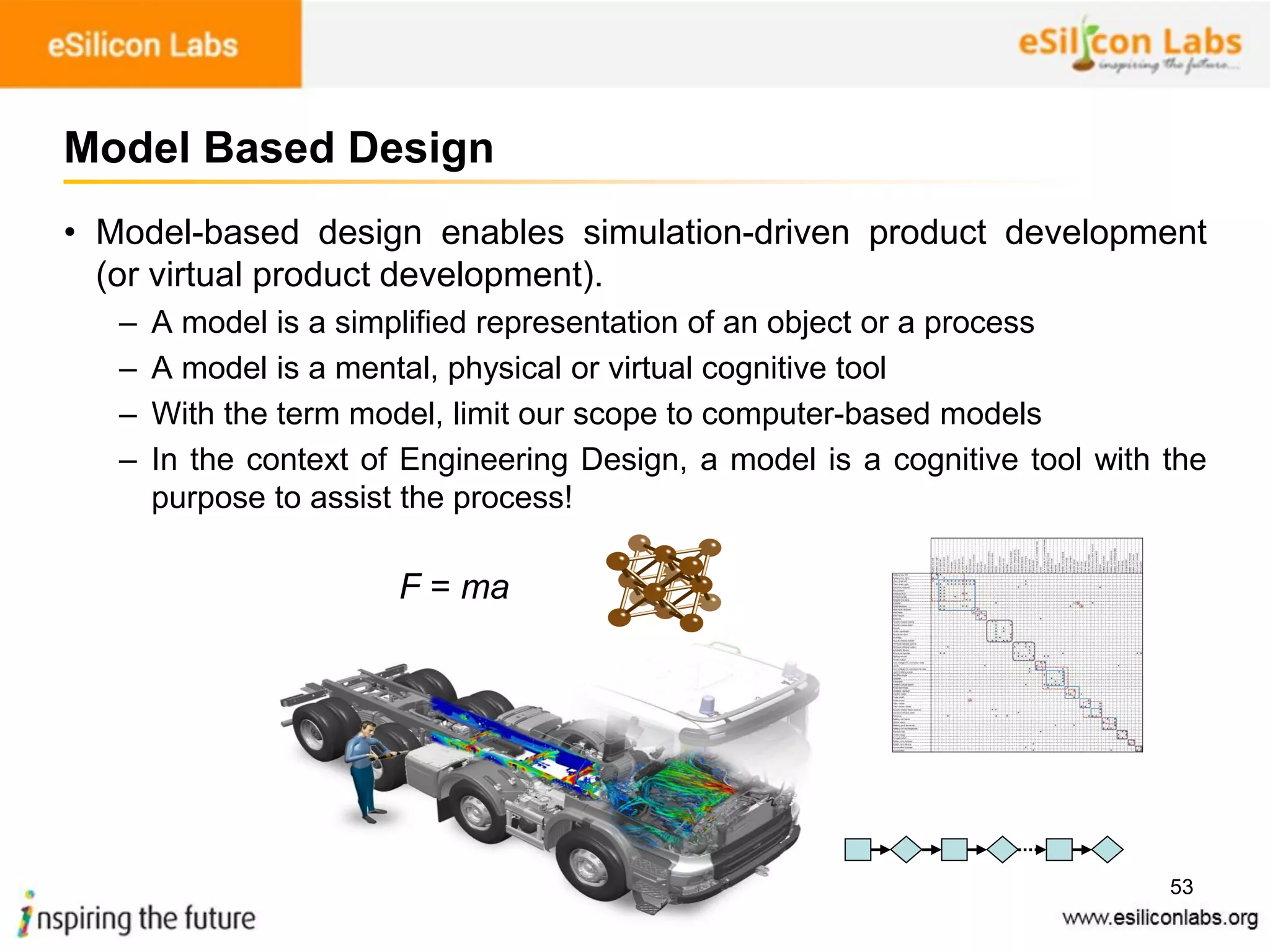 F = ma
53
• Model-based design enables simulation-driven product development
(or virtual product development).
– A model is a simplified representation of an object or a process
– A model is a mental, physical or virtual cognitive tool
– With the term model, limit our scope to computer-based models
– In the context of Engineering Design, a model is a cognitive tool with the
purpose to assist the process!
Model Based Design
 