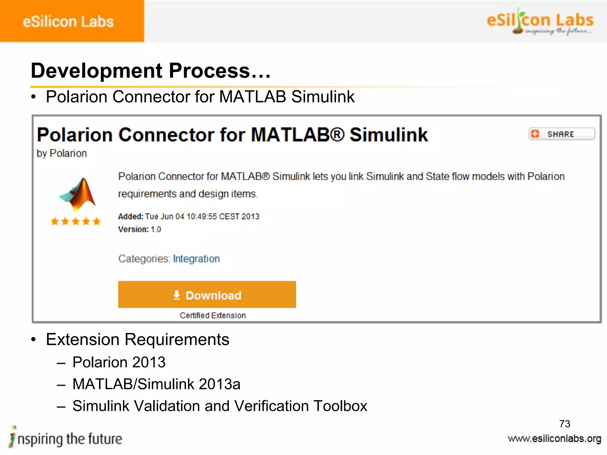 73
Development Process…
• Polarion Connector for MATLAB Simulink
• Extension Requirements
– Polarion 2013
– MATLAB/Simulink 2013a
– Simulink Validation and Verification Toolbox
 
