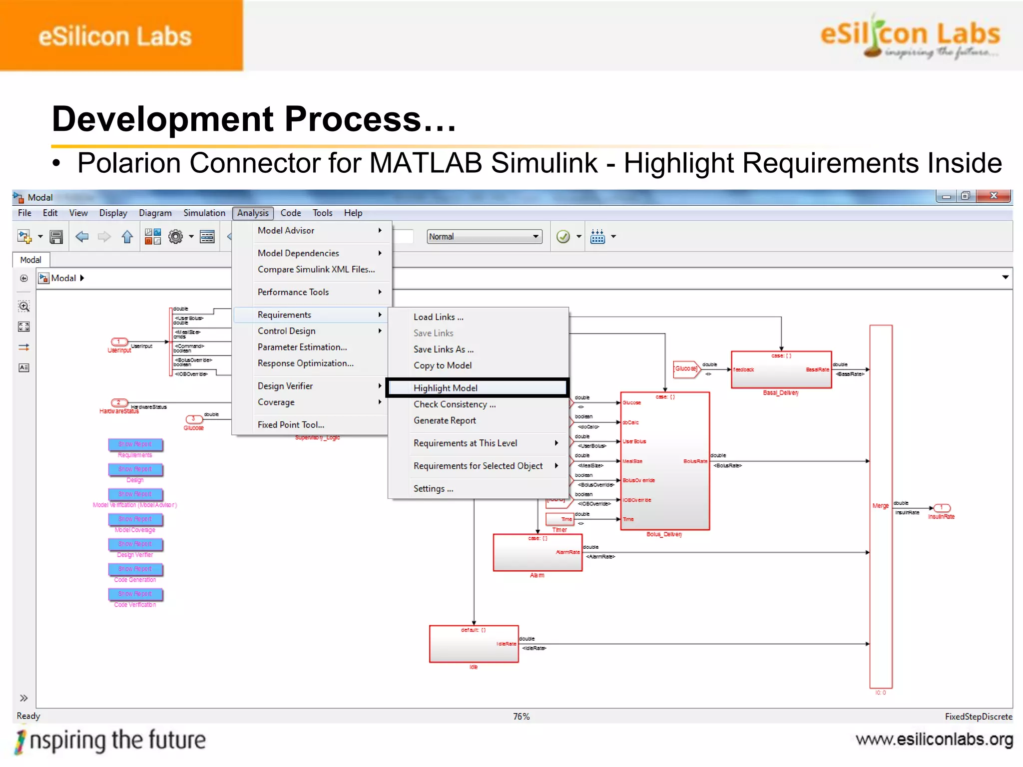 74
Development Process…
• Polarion Connector for MATLAB Simulink - Highlight Requirements Inside
 