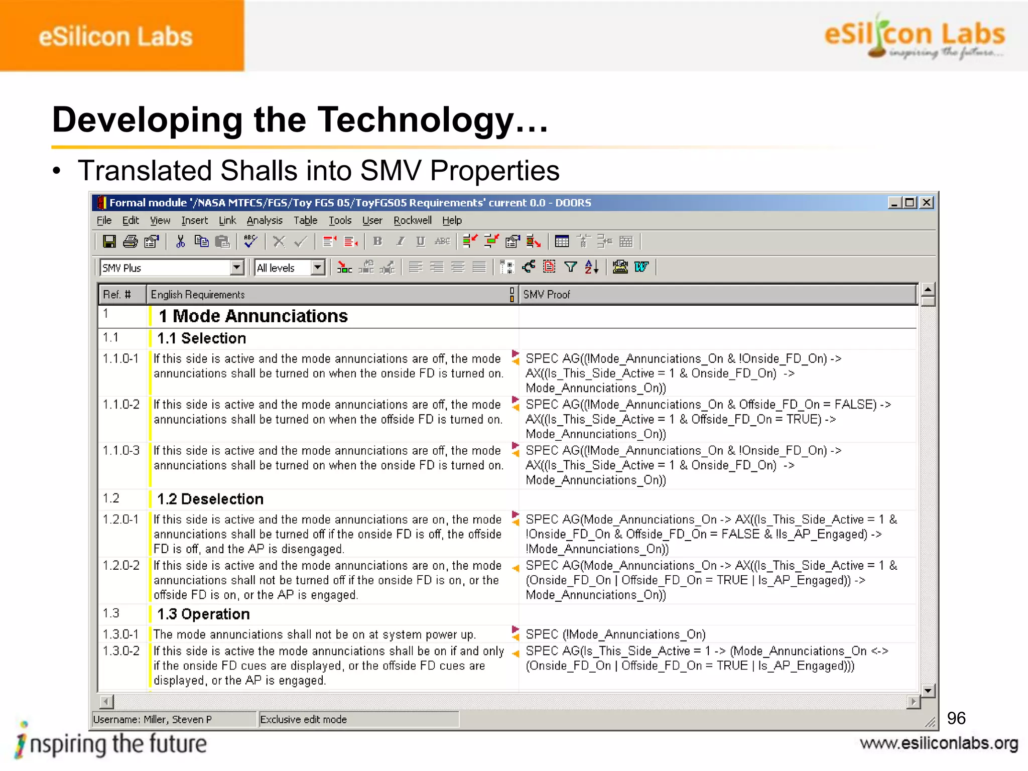 96
• Translated Shalls into SMV Properties
Developing the Technology…
 