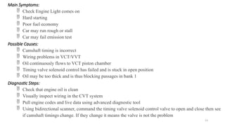 53
Main Symptoms:
 Check Engine Light comes on
 Hard starting
 Poor fuel economy
 Car may run rough or stall
 Car may fail emission test
Possible Causes:
 Camshaft timing is incorrect
 Wiring problems in VCT/VVT
 Oil continuously flows to VCT piston chamber
 Timing valve solenoid control has failed and is stuck in open position
 Oil may be too thick and is thus blocking passages in bank 1
Diagnostic Steps:
 Check that engine oil is clean
 Visually inspect wiring in the CVT system
 Pull engine codes and live data using advanced diagnostic tool
 Using bidirectional scanner, command the timing valve solenoid control valve to open and close then see
if camshaft timings change. If they change it means the valve is not the problem
 