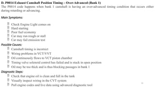 54
D. P0014 Exhaust Camshaft Position Timing – Over-Advanced (Bank 1)
The P0014 code happens when bank 1 camshaft is having an over-advanced timing condition that occurs either
during retarding or advancing.
Main Symptoms:
 Check Engine Light comes on
 Hard starting
 Poor fuel economy
 Car may run rough or stall
 Car may fail emission test
Possible Causes:
 Camshaft timing is incorrect
 Wiring problems in VCT/VVT
 Oil continuously flows to VCT piston chamber
 Timing valve solenoid control has failed and is stuck in open position
 Oil may be too thick and is thus blocking passages in bank 1
Diagnostic Steps:
 Check that engine oil is clean and full in the tank
 Visually inspect wiring in the CVT system
 Pull engine codes and live data using advanced diagnostic tool
 