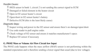 57
Possible Causes:
 H02S sensor in bank 1, circuit 2 is not sending the correct signal to ECM
 Damaged or failed element in the heater circuit
 Open in O2 sensor heater’s circuit
 Open/short in O2 sensor heater’s battery
 Defective ECM (this is the least likely cause)
Diagnostic Steps:
 Inspect wiring and power to the O2 sensor and ensure there’s no damage/open/short
 Use code reader to pull engine codes
 Check voltage of O2 sensor and ensure it matches manufacturer’s specs
 Replace O2 sensor if necessary
G. P0102 Mass or Volume Air Flow Circuit low Input
The P0102 code happens when the mass airflow (MAF) sensor is not performing within the
standard expectation and is therefore sending a lower signal than usual (due to low voltage).
 