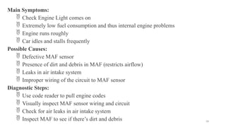 58
Main Symptoms:
 Check Engine Light comes on
 Extremely low fuel consumption and thus internal engine problems
 Engine runs roughly
 Car idles and stalls frequently
Possible Causes:
 Defective MAF sensor
 Presence of dirt and debris in MAF (restricts airflow)
 Leaks in air intake system
 Improper wiring of the circuit to MAF sensor
Diagnostic Steps:
 Use code reader to pull engine codes
 Visually inspect MAF sensor wiring and circuit
 Check for air leaks in air intake system
 Inspect MAF to see if there’s dirt and debris
 