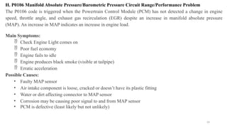 59
H. P0106 Manifold Absolute Pressure/Barometric Pressure Circuit Range/Performance Problem
The P0106 code is triggered when the Powertrain Control Module (PCM) has not detected a change in engine
speed, throttle angle, and exhaust gas recirculation (EGR) despite an increase in manifold absolute pressure
(MAP). An increase in MAP indicates an increase in engine load.
Main Symptoms:
 Check Engine Light comes on
 Poor fuel economy
 Engine fails to idle
 Engine produces black smoke (visible at tailpipe)
 Erratic acceleration
Possible Causes:
• Faulty MAP sensor
• Air intake component is loose, cracked or doesn’t have its plastic fitting
• Water or dirt affecting connector to MAP sensor
• Corrosion may be causing poor signal to and from MAP sensor
• PCM is defective (least likely but not unlikely)
 
