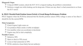 62
Diagnostic Steps:
 Using an OBD2 scanner, check the ECT. If it’s a logical reading, the problem is intermittent.
 Perform a wiggle test while looking out for drop-outs. If there are any, there’s a bad connection to or from
the ECT sensor.
K. P0121 Throttle/Pedal Position Sensor/Switch A Circuit Range/Performance Problem
P0121 happens when the PCM has detected that the throttle position sensor (TPS) voltage is more or less than it
should be for the current RPM.
Main Symptoms:
 Check Engine Light comes on
 Car produces black smoke (visible at tailpipe)
 Car stumbles when you accelerate or decelerate
 Engine may fail to start completely
Possible Causes:
 Defective TPS
 Open or short in TPS circuit
 Loose or bad connection to TPS
 PCM is defective (least likely but not unlikely)
 