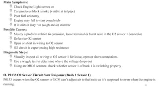 66
Main Symptoms:
 Check Engine Light comes on
 Car produces black smoke (visible at tailpipe)
 Poor fuel economy
 Engine may fail to start completely
 If it starts it may run rough and/or stumble
Possible Causes:
 Mostly a problem related to corrosion, loose terminal or burnt wire in the O2 sensor 1 connector
 Defective O2 sensor
 Open or short in wiring to O2 sensor
 O2 circuit is experiencing high resistance
Diagnostic Steps:
 Visually inspect all wiring to O2 sensor 1 for loose, open or short connections
 Use a wiggle test to determine where the voltage drops out
 Using an OBD2 scanner, check whether sensor 1 of bank 1 is switching properly
O. P0133 O2 Sensor Circuit Slow Response (Bank 1 Sensor 1)
P0133 occurs when the O2 sensor or ECM can’t adjust air to fuel ratio as it’s supposed to even when the engine is
running.
 
