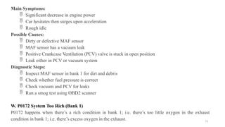 73
Main Symptoms:
 Significant decrease in engine power
 Car hesitates then surges upon acceleration
 Rough idle
Possible Causes:
 Dirty or defective MAF sensor
 MAF sensor has a vacuum leak
 Positive Crankcase Ventilation (PCV) valve is stuck in open position
 Leak either in PCV or vacuum system
Diagnostic Steps:
 Inspect MAF sensor in bank 1 for dirt and debris
 Check whether fuel pressure is correct
 Check vacuum and PCV for leaks
 Run a smog test using OBD2 scanner
W. P0172 System Too Rich (Bank 1)
P0172 happens when there’s a rich condition in bank 1; i.e. there’s too little oxygen in the exhaust
condition in bank 1; i.e. there’s excess oxygen in the exhaust.
 