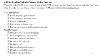 76
Y. P0300 Random/Multiple Cylinder Misfire Detected
When the code P0300 is triggered, it means that PCM has detected that there’s an engine cylinder that’s not
firing properly. It could be one or more cylinders. PCM hasn’t specified the exact cylinder
Main Symptoms:
 Check Engine Light comes on
 Check Engine Light may flash
 Engine lacks power
 Engine may be hard to start
 Engine may stumble and hesitate frequently
Possible Causes:
 Defective or worn out spark plugs
• Low fuel pressure .Vacuum leak
 Defective catalytic converter
 Defective fuel injector
 Defective coil
 Bad camshaft position sensor
 Defective crankshaft sensor
 Problem with distributor
 