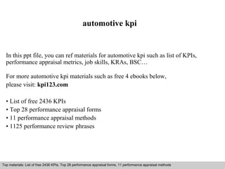automotive kpi 
In this ppt file, you can ref materials for automotive kpi such as list of KPIs, 
performance appraisal metrics, job skills, KRAs, BSC… 
For more automotive kpi materials such as free 4 ebooks below, 
please visit: kpi123.com 
• List of free 2436 KPIs 
• Top 28 performance appraisal forms 
• 11 performance appraisal methods 
• 1125 performance review phrases 
Top materials: List of free 2436 KPIs, Top 28 performance appraisal forms, 11 performance appraisal methods 
Interview questions and answers – free download/ pdf and ppt file 
 