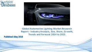 Global Automotive Lighting Market Research
Report - Industry Analysis, Size, Share, Growth,
Trends and Forecast 2014 to 2021
Published :May 2016
 