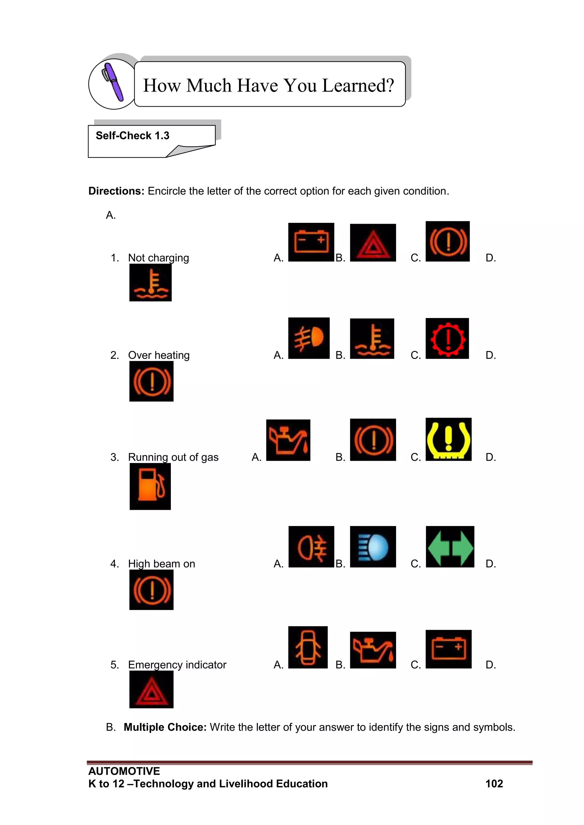 AUTOMOTIVE
K to 12 –Technology and Livelihood Education 102
Directions: Encircle the letter of the correct option for each given condition.
A.
1. Not charging A. B. C. D.
2. Over heating A. B. C. D.
3. Running out of gas A. B. C. D.
4. High beam on A. B. C. D.
5. Emergency indicator A. B. C. D.
B. Multiple Choice: Write the letter of your answer to identify the signs and symbols.
How Much Have You Learned?
Self-Check 1.3
 