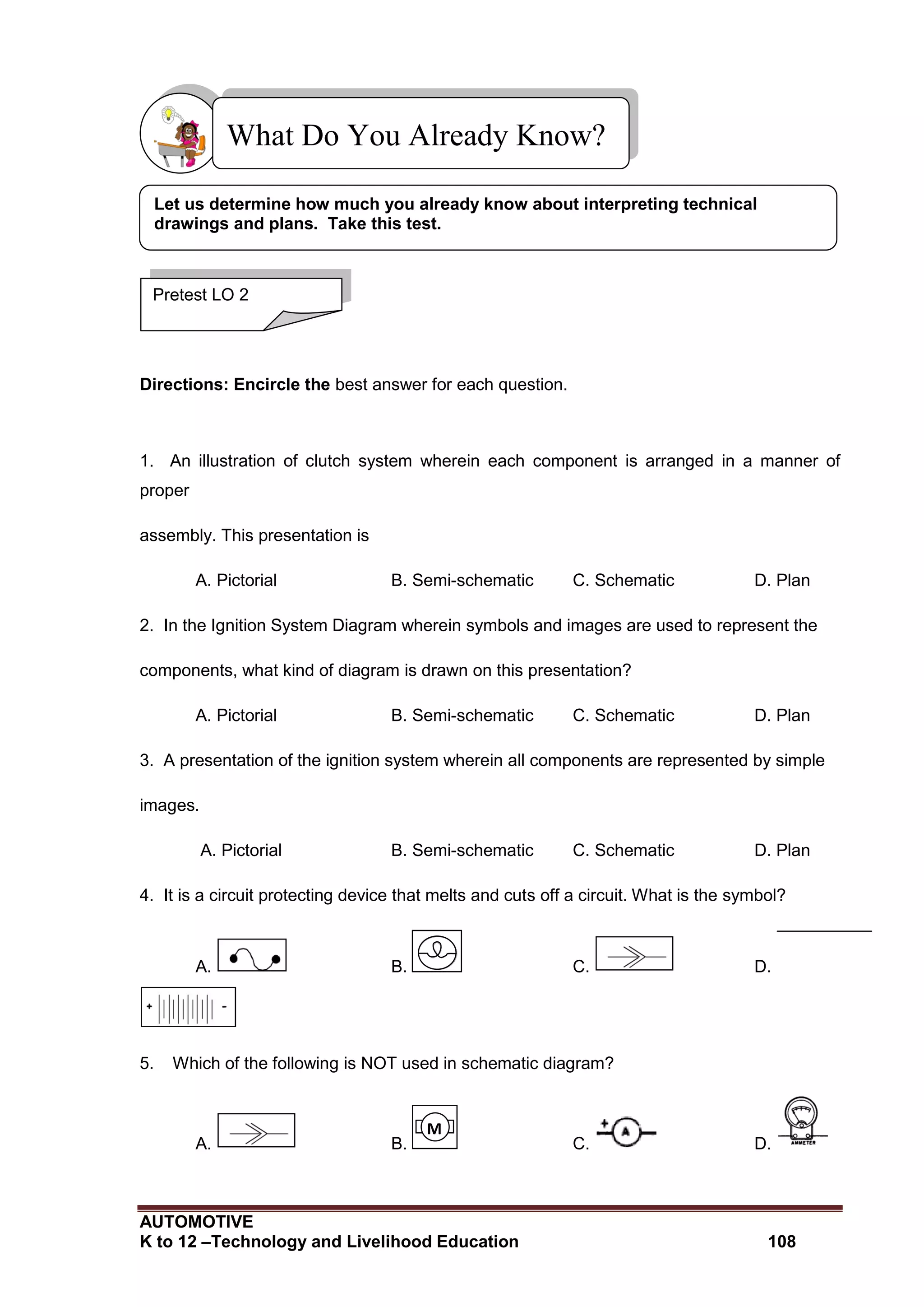 AUTOMOTIVE
K to 12 –Technology and Livelihood Education 108
Directions: Encircle the best answer for each question.
1. An illustration of clutch system wherein each component is arranged in a manner of
proper
assembly. This presentation is
A. Pictorial B. Semi-schematic C. Schematic D. Plan
2. In the Ignition System Diagram wherein symbols and images are used to represent the
components, what kind of diagram is drawn on this presentation?
A. Pictorial B. Semi-schematic C. Schematic D. Plan
3. A presentation of the ignition system wherein all components are represented by simple
images.
A. Pictorial B. Semi-schematic C. Schematic D. Plan
4. It is a circuit protecting device that melts and cuts off a circuit. What is the symbol?
A. B. C. D.
5. Which of the following is NOT used in schematic diagram?
A. B. C. D.
M
What Do You Already Know?
Pretest LO 2
Let us determine how much you already know about interpreting technical
drawings and plans. Take this test.
 