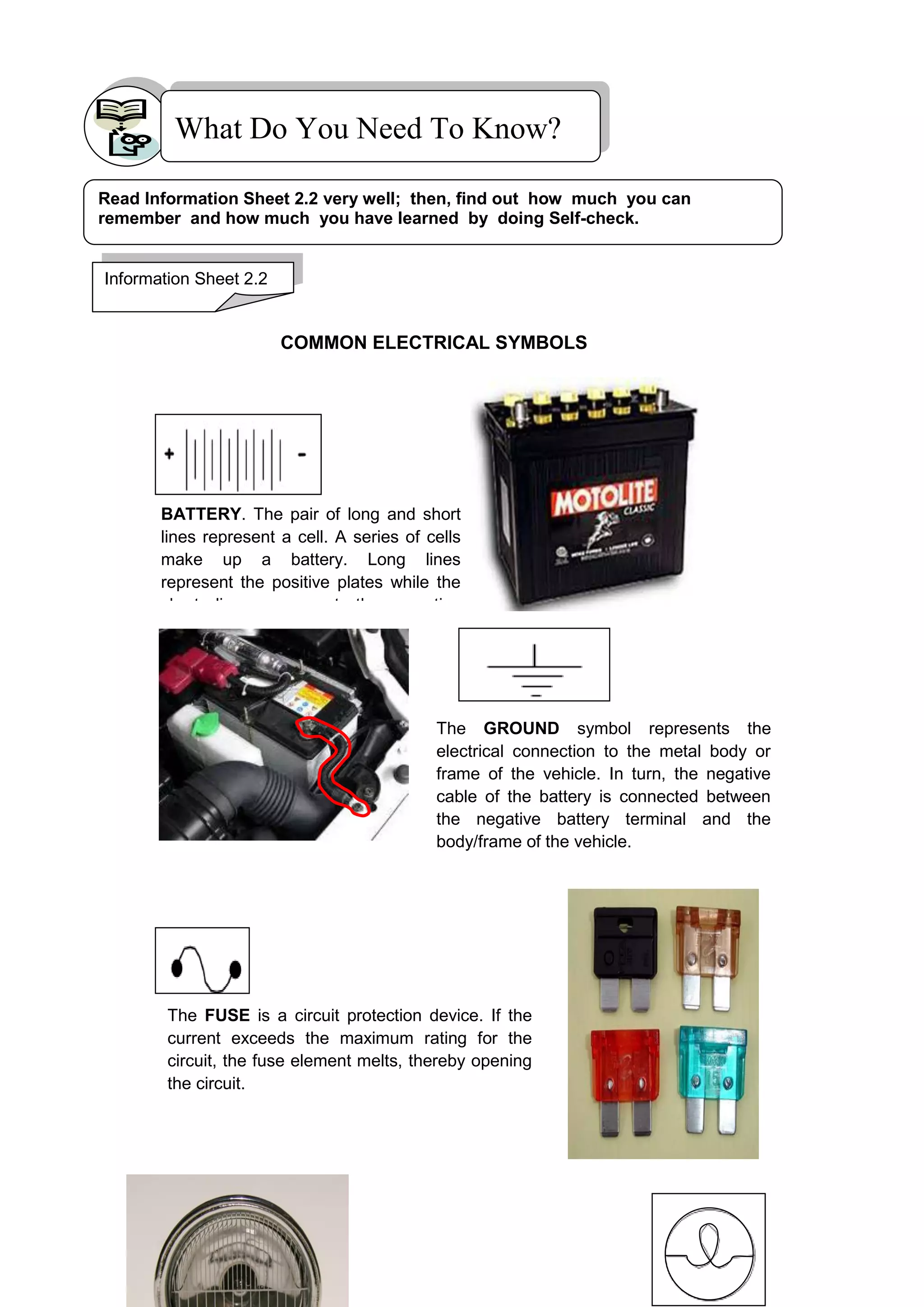 What Do You Need To Know?
COMMON ELECTRICAL SYMBOLS
BATTERY. The pair of long and short
lines represent a cell. A series of cells
make up a battery. Long lines
represent the positive plates while the
short lines represent the negative
plates
The GROUND symbol represents the
electrical connection to the metal body or
frame of the vehicle. In turn, the negative
cable of the battery is connected between
the negative battery terminal and the
body/frame of the vehicle.
The FUSE is a circuit protection device. If the
current exceeds the maximum rating for the
circuit, the fuse element melts, thereby opening
the circuit.
Information Sheet 2.2
Read Information Sheet 2.2 very well; then, find out how much you can
remember and how much you have learned by doing Self-check.
 