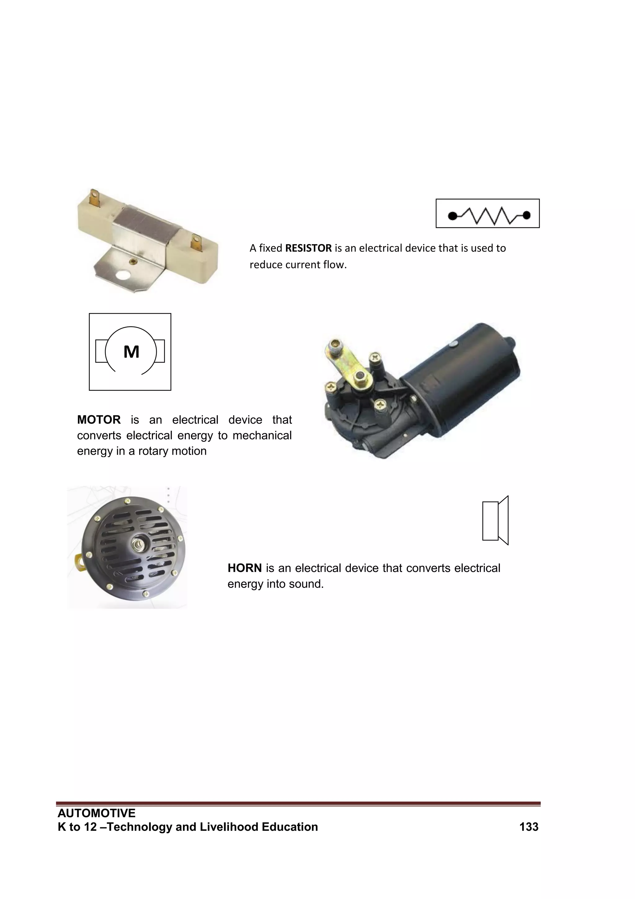 AUTOMOTIVE
K to 12 –Technology and Livelihood Education 133
A fixed RESISTOR is an electrical device that is used to
reduce current flow.
M
MOTOR is an electrical device that
converts electrical energy to mechanical
energy in a rotary motion
HORN is an electrical device that converts electrical
energy into sound.
 