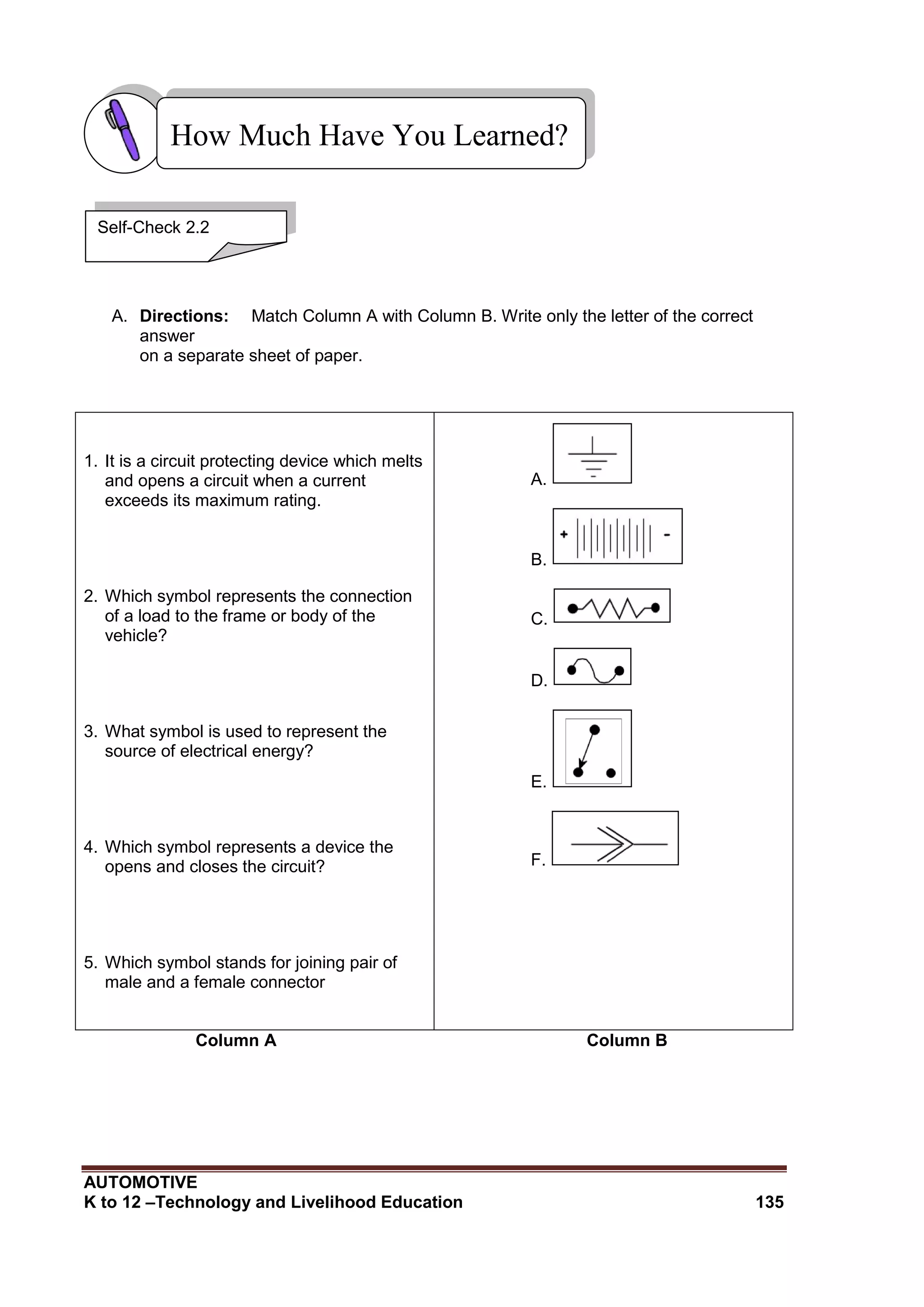 AUTOMOTIVE
K to 12 –Technology and Livelihood Education 135
A. Directions: Match Column A with Column B. Write only the letter of the correct
answer
on a separate sheet of paper.
Column A Column B
1. It is a circuit protecting device which melts
and opens a circuit when a current
exceeds its maximum rating.
2. Which symbol represents the connection
of a load to the frame or body of the
vehicle?
3. What symbol is used to represent the
source of electrical energy?
4. Which symbol represents a device the
opens and closes the circuit?
5. Which symbol stands for joining pair of
male and a female connector
A.
B.
C.
D.
E.
F.
How Much Have You Learned?
Self-Check 2.2
 