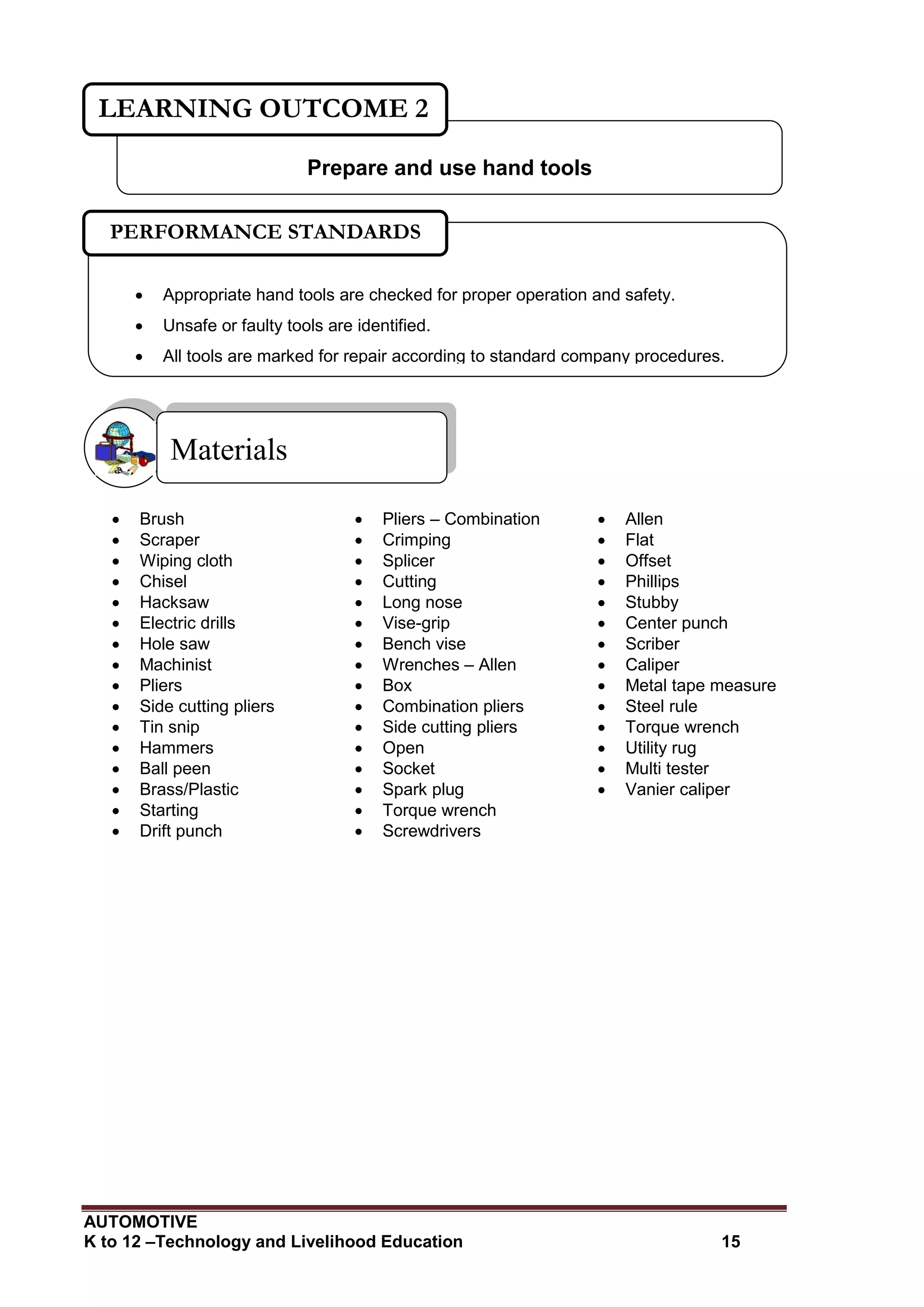 AUTOMOTIVE
K to 12 –Technology and Livelihood Education 15
 Brush  Pliers – Combination  Allen
 Scraper  Crimping  Flat
 Wiping cloth  Splicer  Offset
 Chisel  Cutting  Phillips
 Hacksaw  Long nose  Stubby
 Electric drills  Vise-grip  Center punch
 Hole saw  Bench vise  Scriber
 Machinist  Wrenches – Allen  Caliper
 Pliers  Box  Metal tape measure
 Side cutting pliers  Combination pliers  Steel rule
 Tin snip  Side cutting pliers  Torque wrench
 Hammers  Open  Utility rug
 Ball peen  Socket  Multi tester
 Brass/Plastic  Spark plug  Vanier caliper
 Starting  Torque wrench
 Drift punch  Screwdrivers
Materials
Prepare and use hand tools
LEARNING OUTCOME 2
 Appropriate hand tools are checked for proper operation and safety.
 Unsafe or faulty tools are identified.
 All tools are marked for repair according to standard company procedures.
PERFORMANCE STANDARDS
 