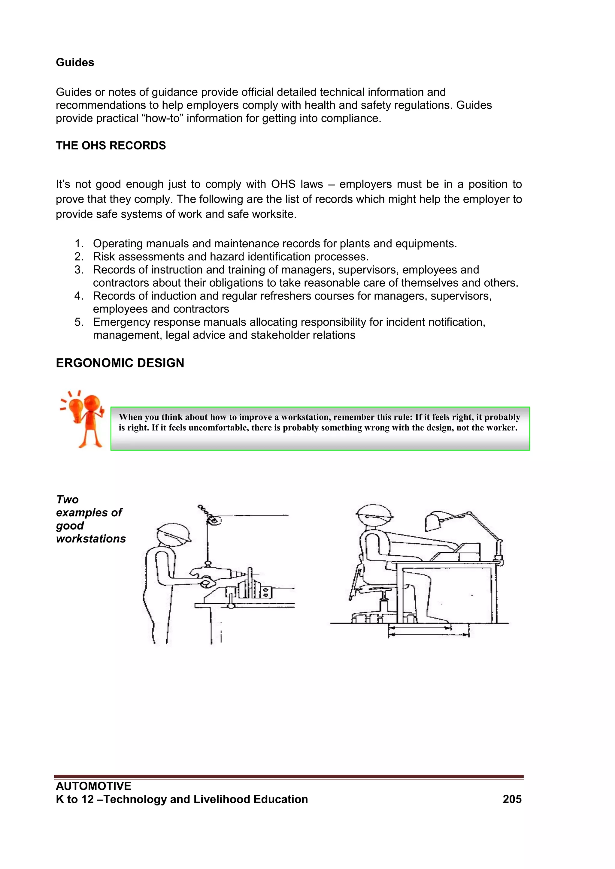 AUTOMOTIVE
K to 12 –Technology and Livelihood Education 205
Guides
Guides or notes of guidance provide official detailed technical information and
recommendations to help employers comply with health and safety regulations. Guides
provide practical “how-to” information for getting into compliance.
THE OHS RECORDS
It’s not good enough just to comply with OHS laws – employers must be in a position to
prove that they comply. The following are the list of records which might help the employer to
provide safe systems of work and safe worksite.
1. Operating manuals and maintenance records for plants and equipments.
2. Risk assessments and hazard identification processes.
3. Records of instruction and training of managers, supervisors, employees and
contractors about their obligations to take reasonable care of themselves and others.
4. Records of induction and regular refreshers courses for managers, supervisors,
employees and contractors
5. Emergency response manuals allocating responsibility for incident notification,
management, legal advice and stakeholder relations
ERGONOMIC DESIGN
Two
examples of
good
workstations
When you think about how to improve a workstation, remember this rule: If it feels right, it probably
is right. If it feels uncomfortable, there is probably something wrong with the design, not the worker.
 