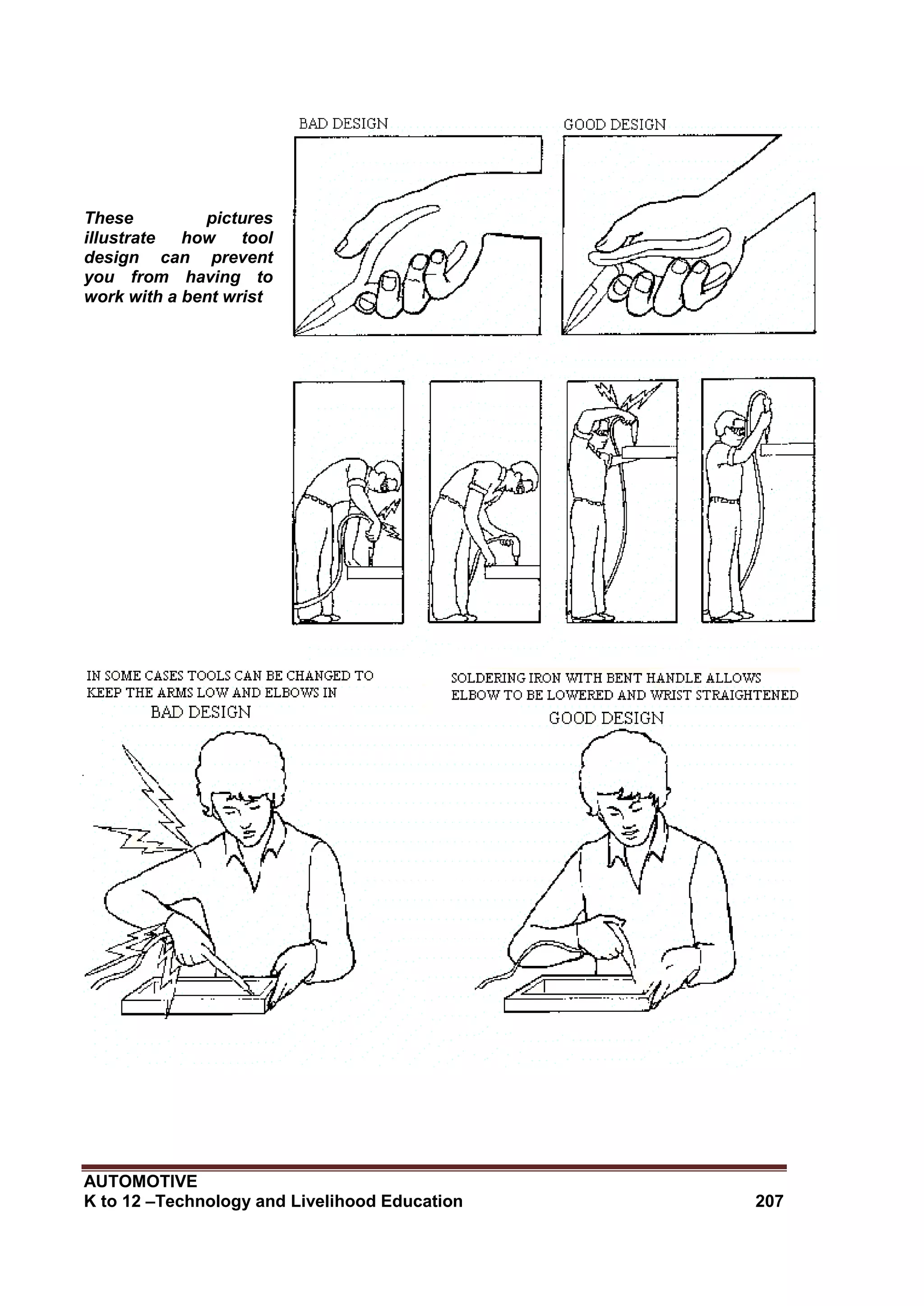 AUTOMOTIVE
K to 12 –Technology and Livelihood Education 207
These pictures
illustrate how tool
design can prevent
you from having to
work with a bent wrist
 